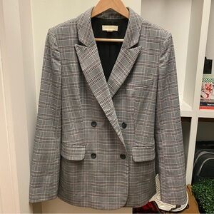 Grey Double-Breasted Plaid Blazer